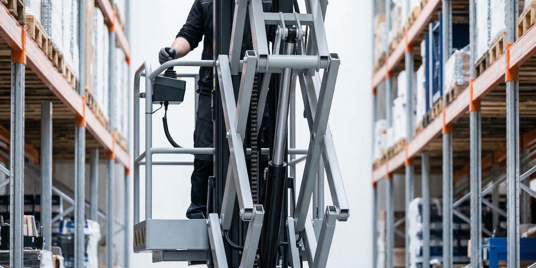 Detailed close-up of the hydraulic scissor lift mechanics and control panel of a specialized narrow-aisle aerial platform in a high-bay warehouse. SEO, AI, barrier-free.